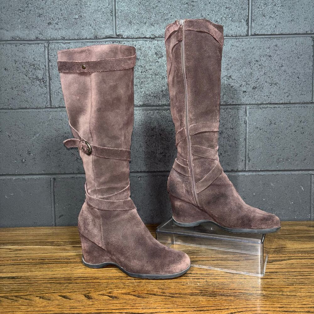 a.n.a Burgundy Purple Suede Tall Knee High Boots Wedge Strappy Buckle Womenโs 9
